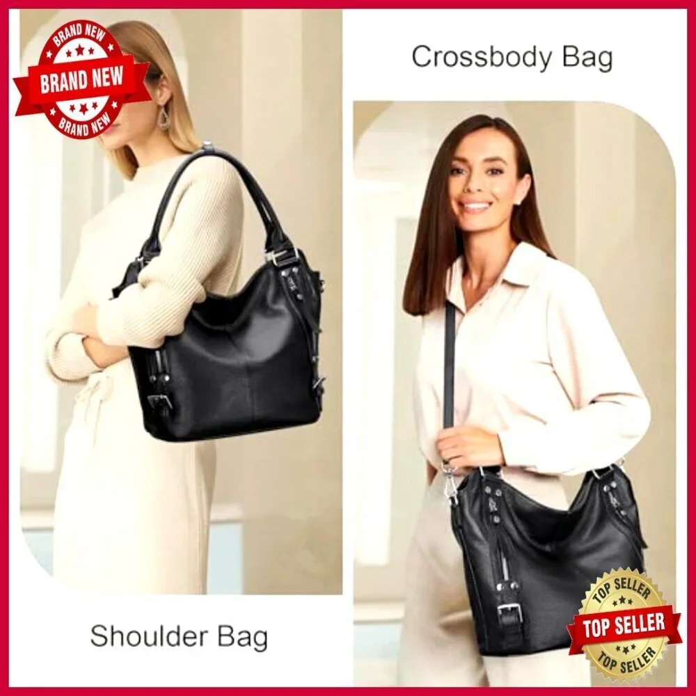 Large Genuine Leather Hobo Tote Shoulder Bag with Multiple Pockets
